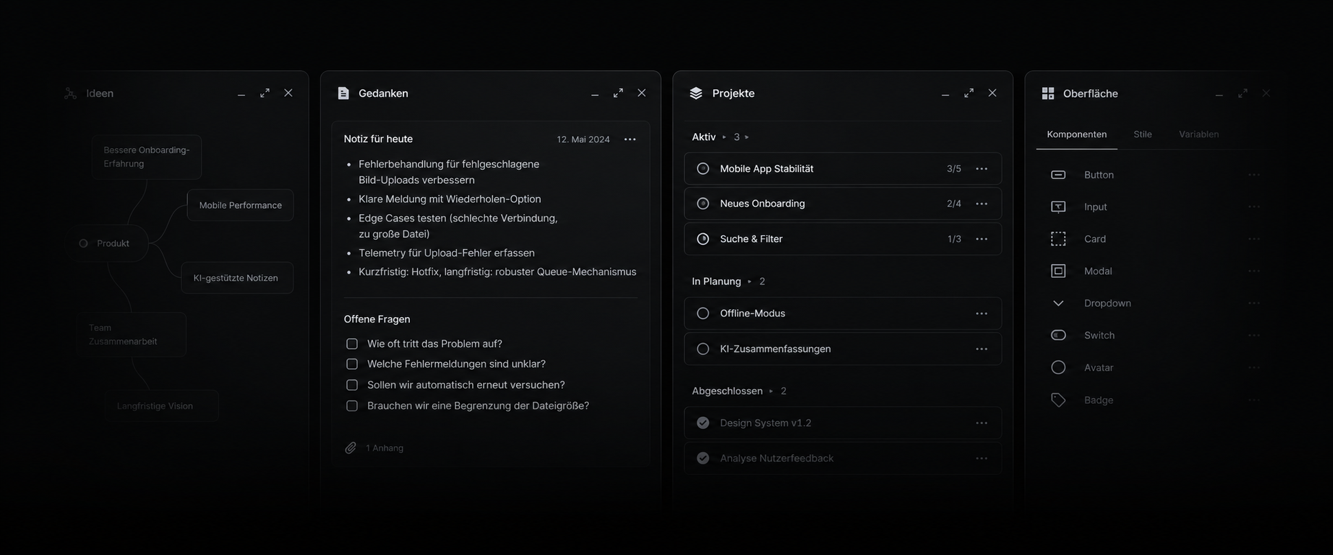 Illustratives Software-Mockup mit dunklen Fenstern für Notizen, Projekte und Oberflächengestaltung